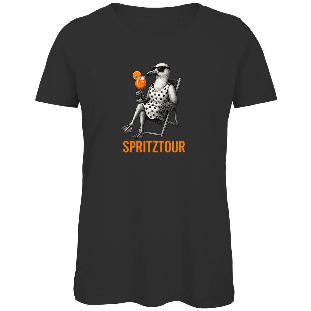 Damen T-Shirt „Spritztour“ lustiges Cocktail Möwen Motiv aus Bio-Baumwolle in Schwarz – Sommerprint mit relaxter Möwe und Aperolglas