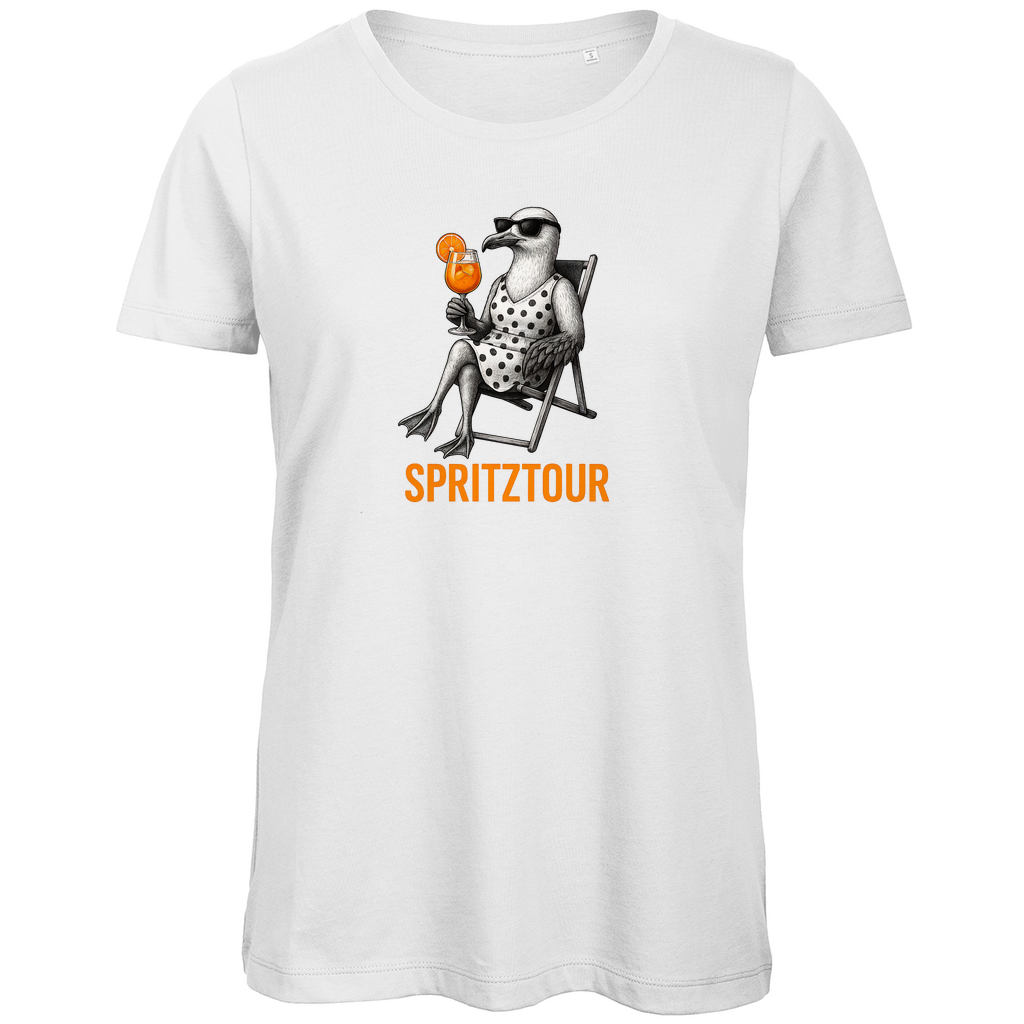 Damen T-Shirt „Spritztour“ lustiges Cocktail Möwen Motiv aus Bio-Baumwolle in Weiß – Sommerprint mit relaxter Möwe und Aperolglas