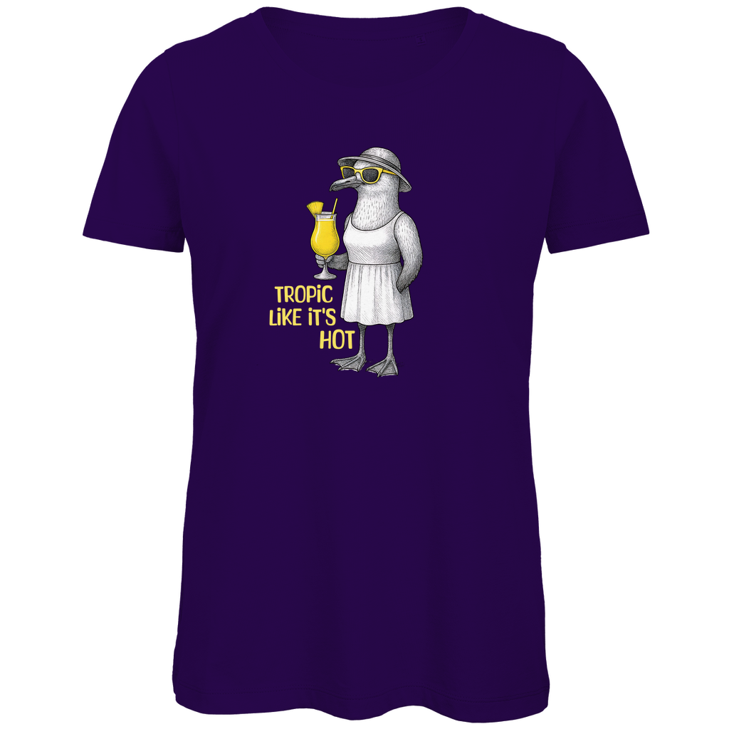 Damen T-Shirt „Tropic Like It's Hot" aus Bio-Baumwolle in Lila - Sommerprint mit Möwe, Sonnenbrille und Cocktail