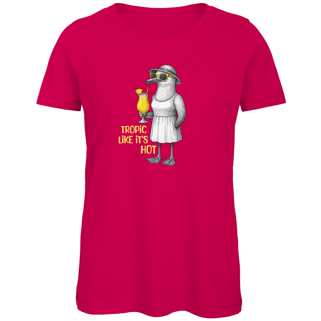 Damen T-Shirt „Tropic Like It's Hot" aus Bio-Baumwolle in Magenta Pink - Sommerprint mit Möwe, Sonnenbrille und Cocktail