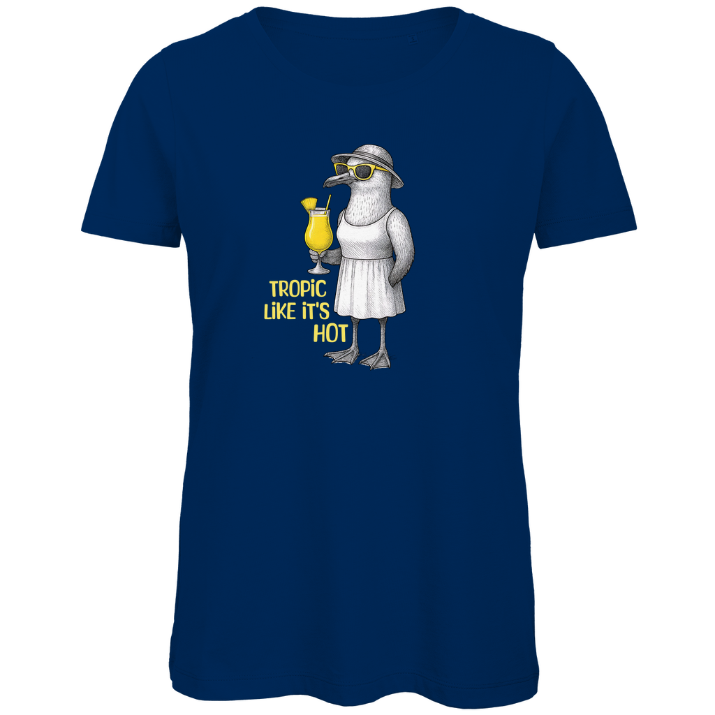 Damen T-Shirt „Tropic Like It's Hot" aus Bio-Baumwolle in Navy Blau - Sommerprint mit Möwe, Sonnenbrille und Cocktail