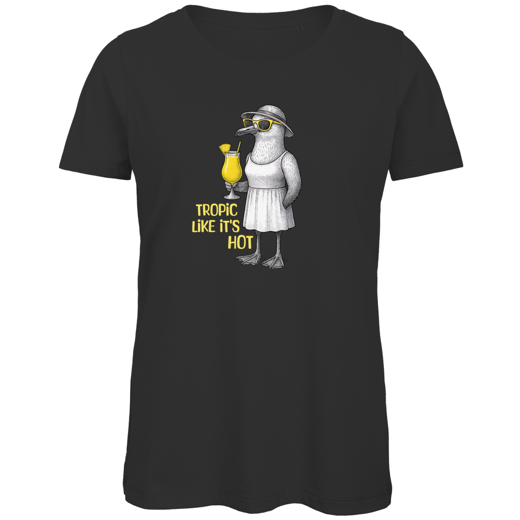 Damen T-Shirt „Tropic Like It's Hot" aus Bio-Baumwolle in Schwarz - Sommerprint mit Möwe, Sonnenbrille und Cocktail