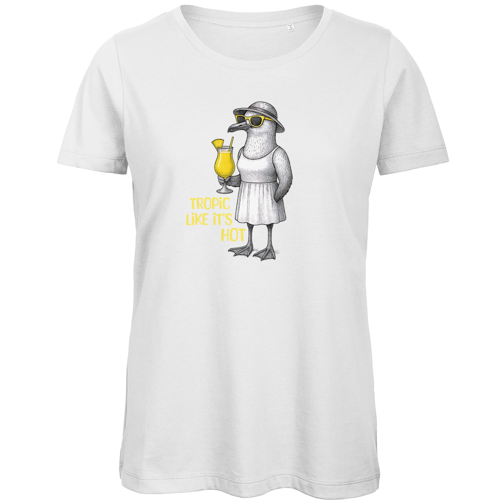 Damen T-Shirt „Tropic Like It's Hot" aus Bio-Baumwolle in Weiß - Sommerprint mit Möwe, Sonnenbrille und Cocktail
