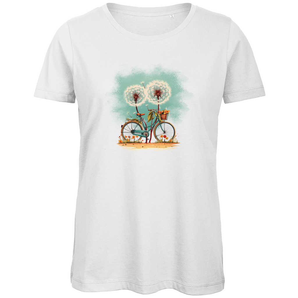 Damen T-Shirt „Wunschfahrt“ in Weiß – mit Vintage-Fahrrad und zwei Pusteblumen im Aquarellstil auf Bio-Baumwolle – luftig-leicht für feminine Sommer-Looks