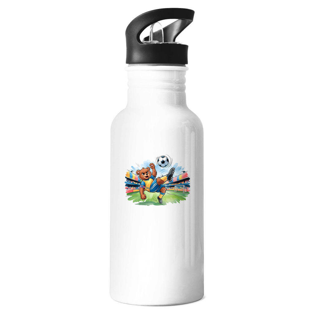 Edelstahl Trinkflasche "Soccer Bear" für Kinder: Sportlicher Bär beim Torschuss im Fußballstadion. Süßes handgezeichnetes Kinder Fußball-Motiv