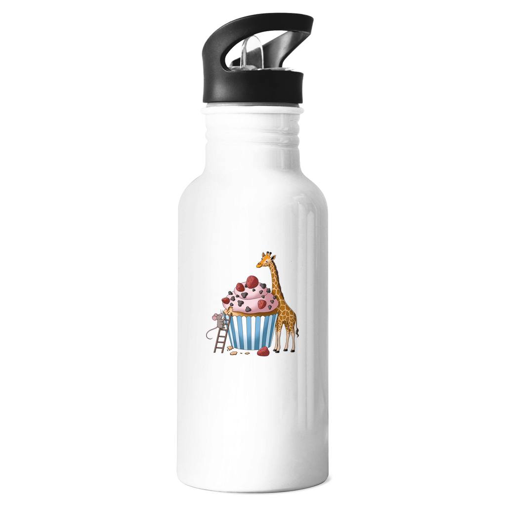 Edelstahl-Trinkflasche "Sweet Friends" für Kinder 600ml mit süßem Tiermotiv: Maus und Giraffe am Erdbeer-Cupcake