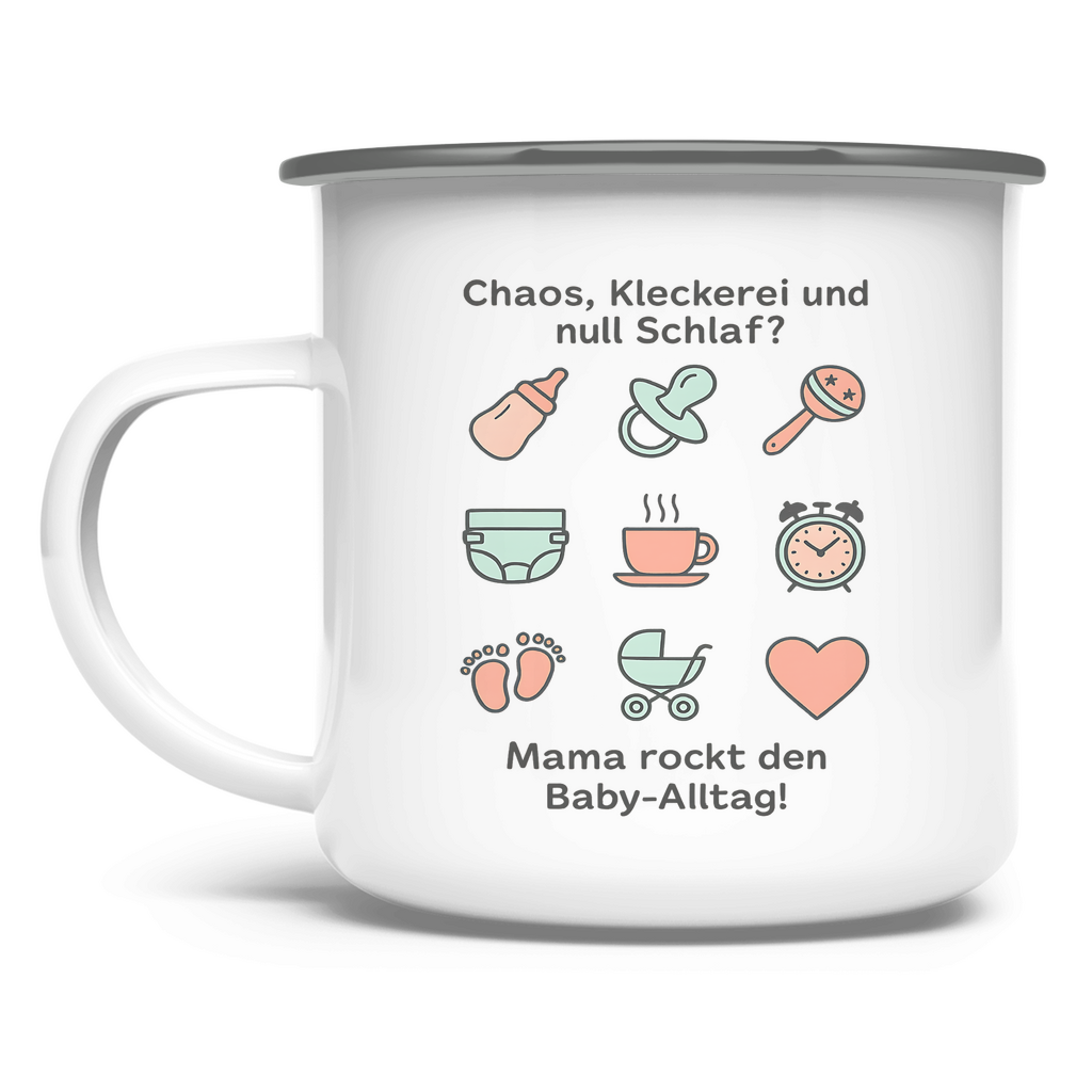 Emaille-Tasse „Momlife Masterclass“ – weiße Metalltasse mit Mama-Illustrationen & Spruch, ideal als Geschenk für Geburt, Muttertag oder Outdoor-Mamas