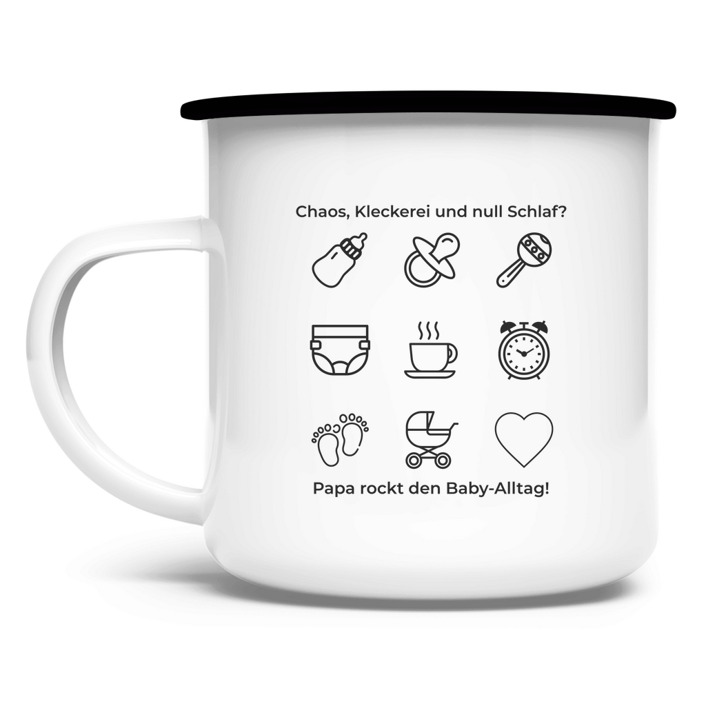 Emaille-Tasse "Papa rockt das Chaos" in Schwarz mit einseitigem Papa-Motiv – ideal für Väter unterwegs oder mit Stil am Frühstückstisch