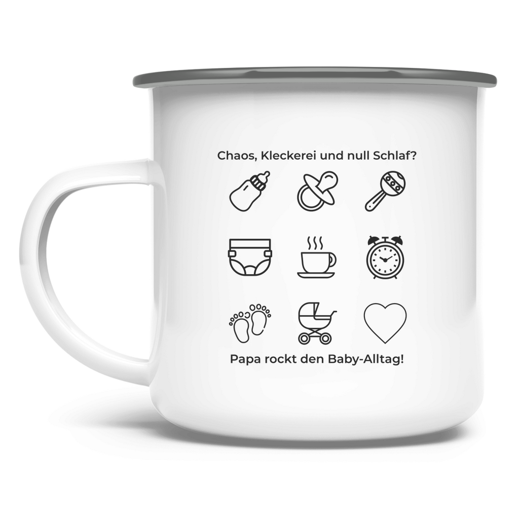 Emaille-Tasse "Papa rockt das Chaos" in Silber / Metall mit einseitigem Papa-Motiv – ideal für Väter unterwegs oder mit Stil am Frühstückstisch