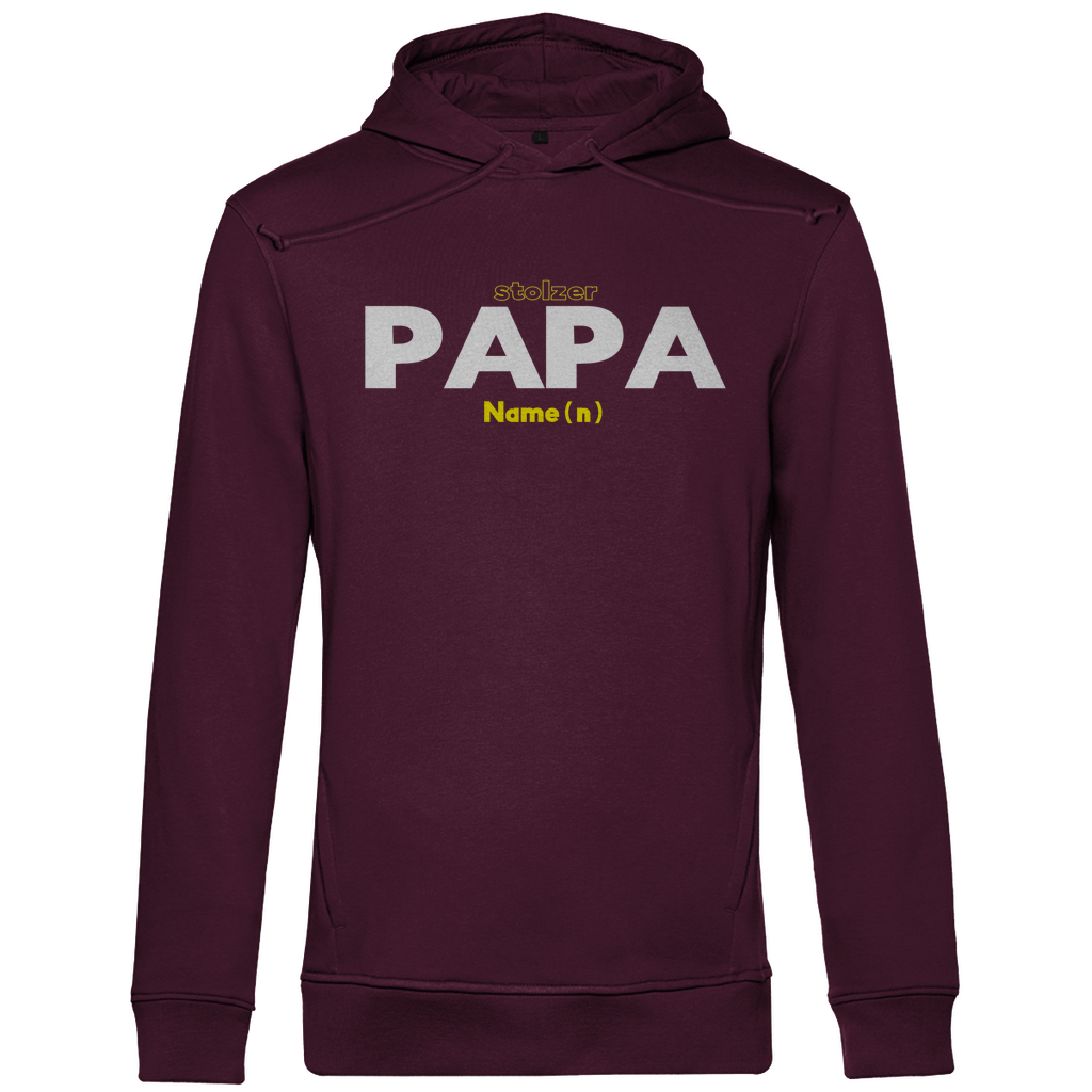 Stylischer Herren Kapuzenpullover in Burgundy Weinrot mit "Stolzer Papa" Design – personalisierbar mit den Namen deiner Kinder, das perfekte Statement für Väter aus Bio-Baumwolle