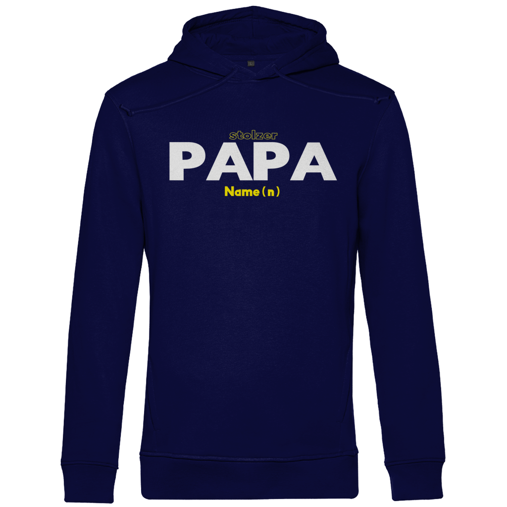 Stylischer Herren Kapuzenpullover in Navy Blau mit "Stolzer Papa" Design – personalisierbar mit den Namen deiner Kinder, das perfekte Statement für Väter aus Bio-Baumwolle