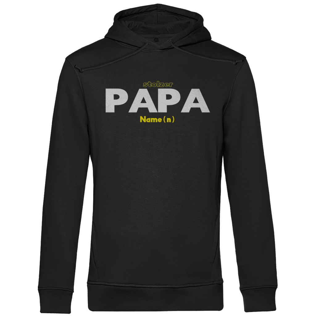 Stylischer Herren Kapuzenpullover in Schwarz mit "Stolzer Papa" Design – personalisierbar mit den Namen deiner Kinder, das perfekte Statement für Väter aus Bio-Baumwolle