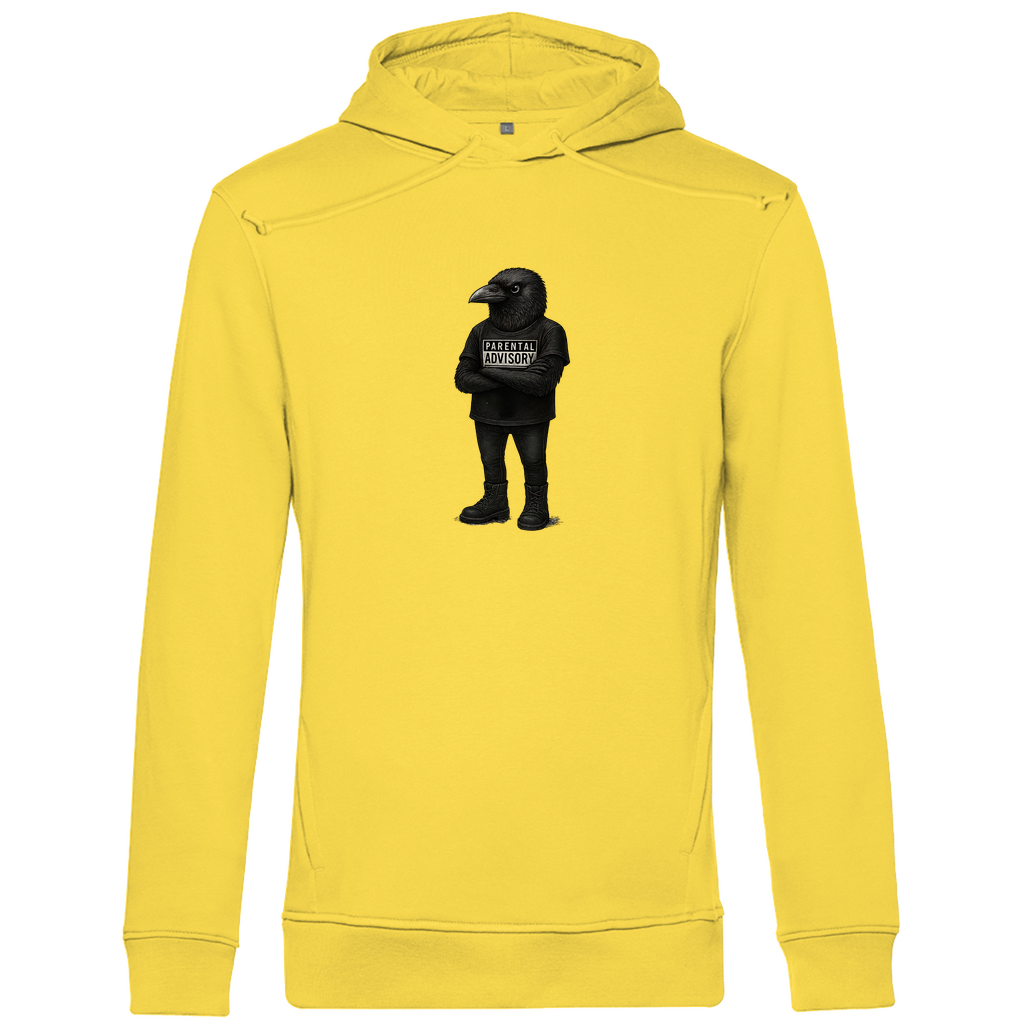 Herren Hoodie "Bird of Dadness" aus Bio-Baumwolle in Gelb mit gezeichneter Rabenillustration und Parental Advisory Motiv – stylisches Design für moderne Männer