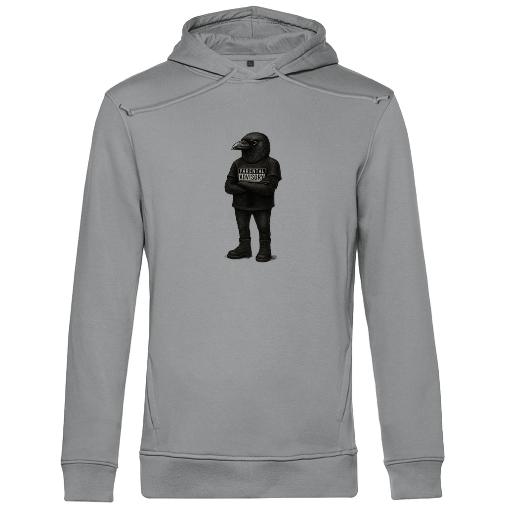 Herren Hoodie "Bird of Dadness" aus Bio-Baumwolle in Grau mit gezeichneter Rabenillustration und Parental Advisory Motiv – stylisches Design für moderne Männer