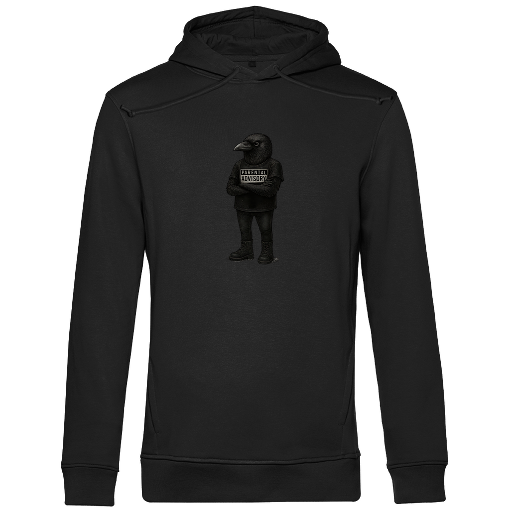 Herren Hoodie "Bird of Dadness" aus Bio-Baumwolle in Schwarz mit gezeichneter Rabenillustration und Parental Advisory Motiv – stylisches Design für moderne Männer