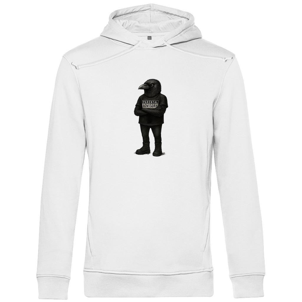 Herren Hoodie "Bird of Dadness" aus Bio-Baumwolle in Weiß mit gezeichneter Rabenillustration und Parental Advisory Motiv – stylisches Design für moderne Männer