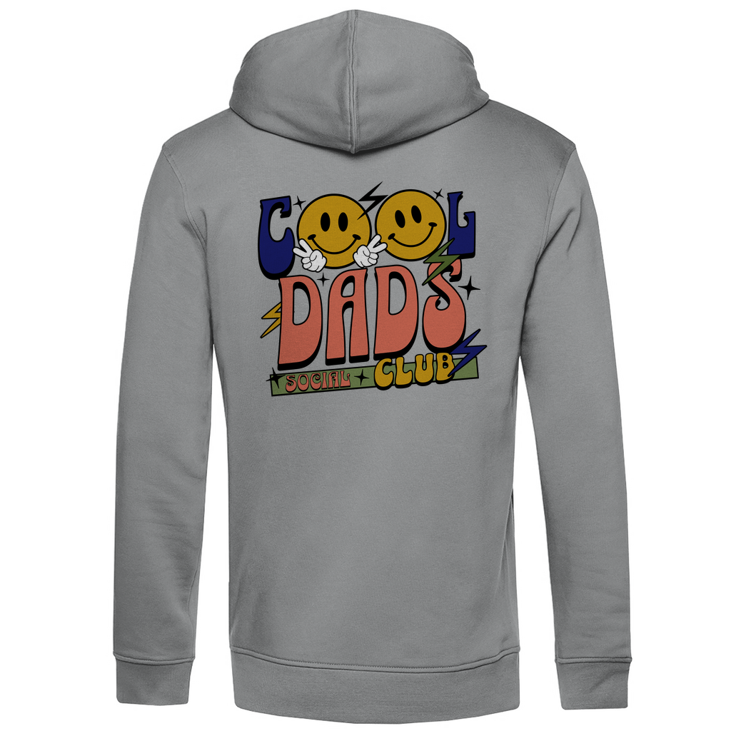 Hoodie Herren "Cool Dads Social Club" aus Bio-Baumwolle in Grau mit großem Backprint – stylischer Blickfang für Papas mit Charakter