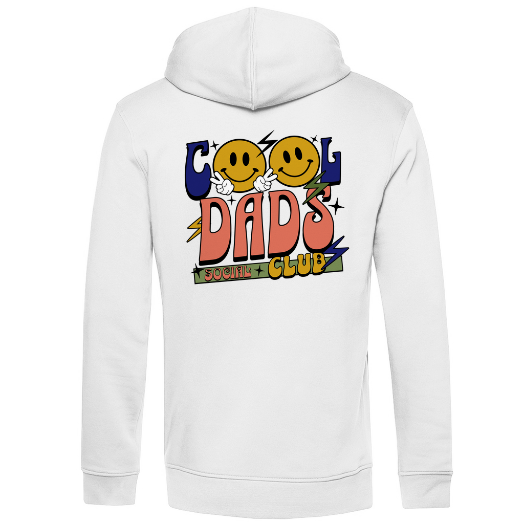 Hoodie Herren "Cool Dads Social Club" aus Bio-Baumwolle in Weiß mit großem Backprint – stylischer Blickfang für Papas mit Charakter