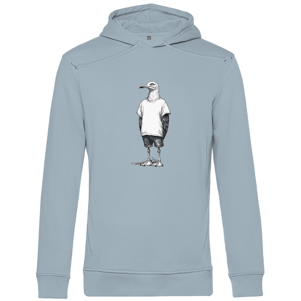 Hoodie Herren "Küstenvogel" aus Bio-Baumwolle in Blau mit gezeichneter Möwe auf der Brust – stylisches Motiv für moderne Männer mit Humor