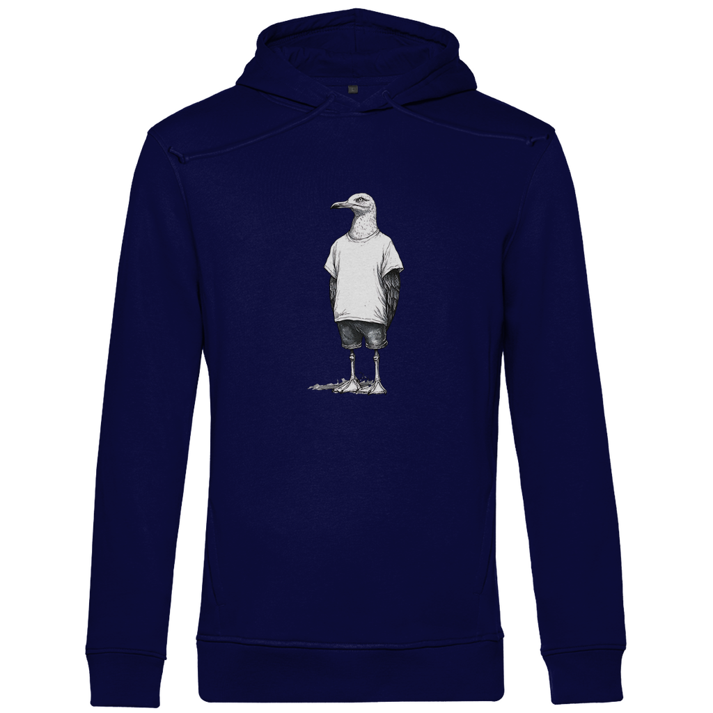Hoodie Herren "Küstenvogel" aus Bio-Baumwolle in Navy Blau mit gezeichneter Möwe auf der Brust – stylisches Motiv für moderne Männer mit Humor