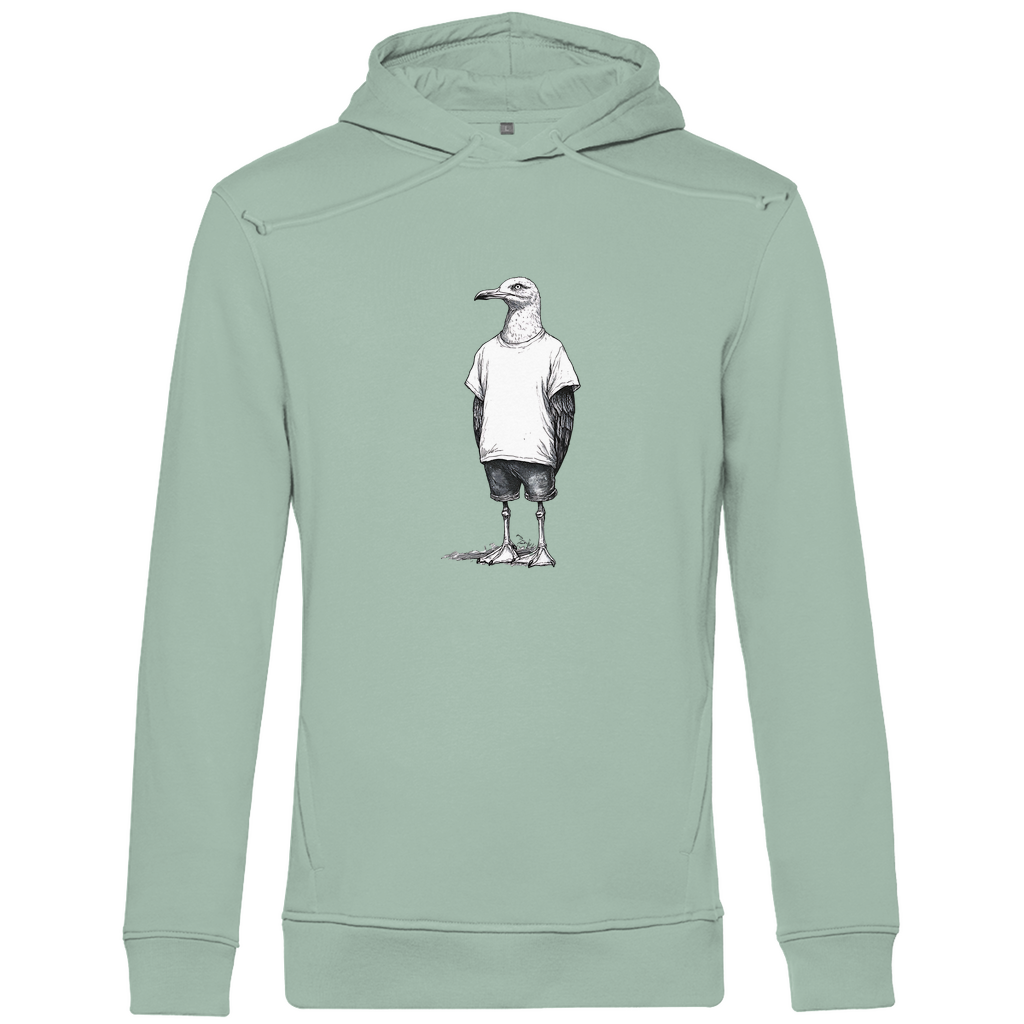 Hoodie Herren "Küstenvogel" aus Bio-Baumwolle in Sage mit gezeichneter Möwe auf der Brust – stylisches Motiv für moderne Männer mit Humor