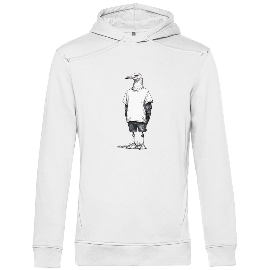 Hoodie Herren "Küstenvogel" aus Bio-Baumwolle in Weiß mit gezeichneter Möwe auf der Brust – stylisches Motiv für moderne Männer mit Humor
