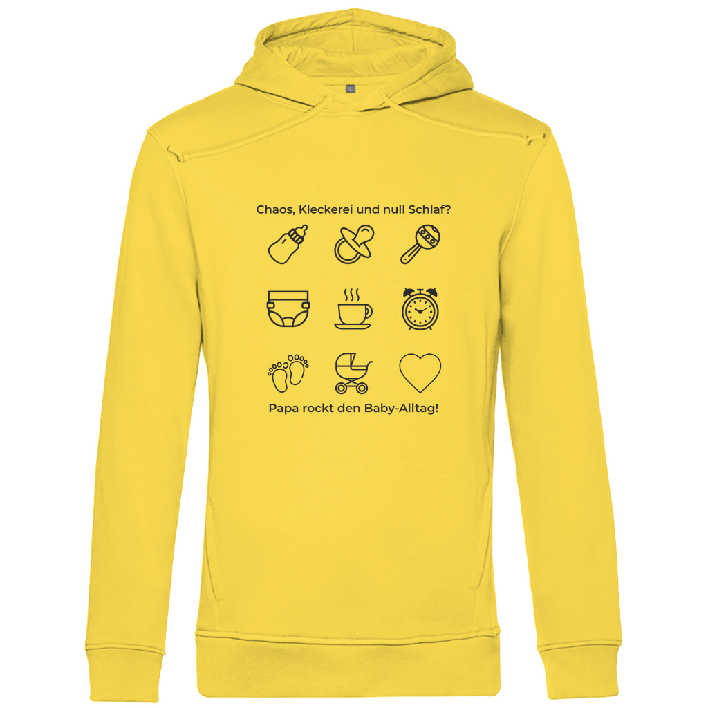Hoodie Herren "Papa rockt das Chaos" aus Bio-Baumwolle in Gelb mit Papa-Alltagsmotiv und Kapuze – perfektes Geschenk zum Vatertag für Väter mit Humor