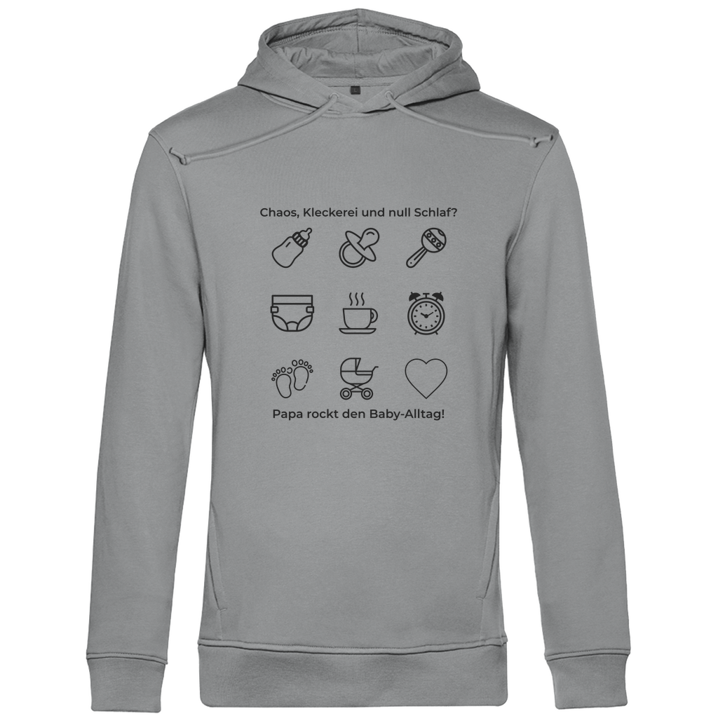 Hoodie Herren "Papa rockt das Chaos" aus Bio-Baumwolle in Grau mit Papa-Alltagsmotiv und Kapuze – perfektes Geschenk zum Vatertag für Väter mit Humor