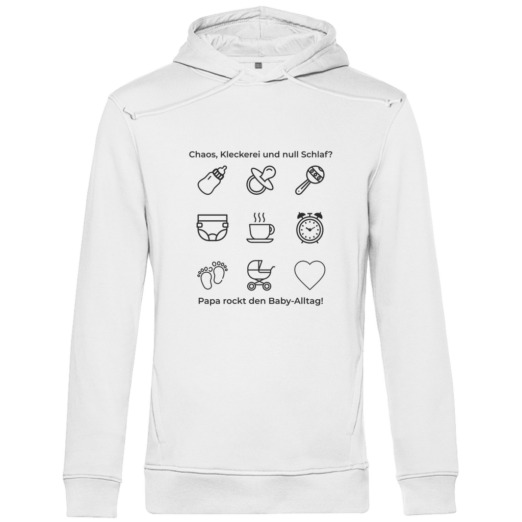 Hoodie Herren "Papa rockt das Chaos" aus Bio-Baumwolle in Weiß mit Papa-Alltagsmotiv und Kapuze – perfektes Geschenk zum Vatertag für Väter mit Humor