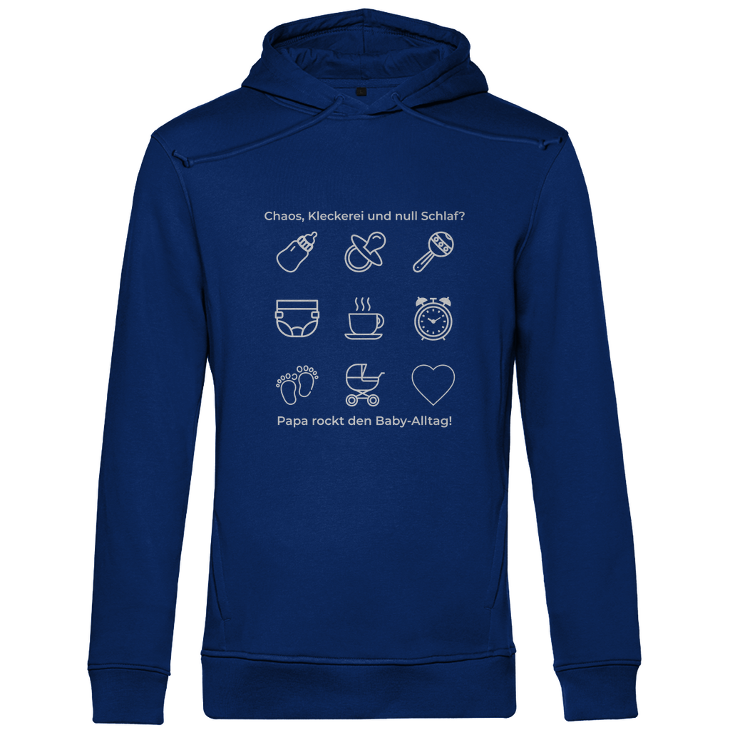 Hoodie Herren "Papa rockt das Chaos" in Blau mit kontrastreichem Print – aus der Dark Collection für Väter mit Stil, Humor und Haltung. Ideal als Geschenk zum Vatertag oder Geburtstag.
