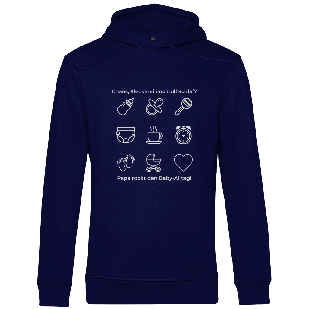 Hoodie Herren "Papa rockt das Chaos" in Navy Blau mit kontrastreichem Print – aus der Dark Collection für Väter mit Stil, Humor und Haltung. Ideal als Geschenk zum Vatertag oder Geburtstag.