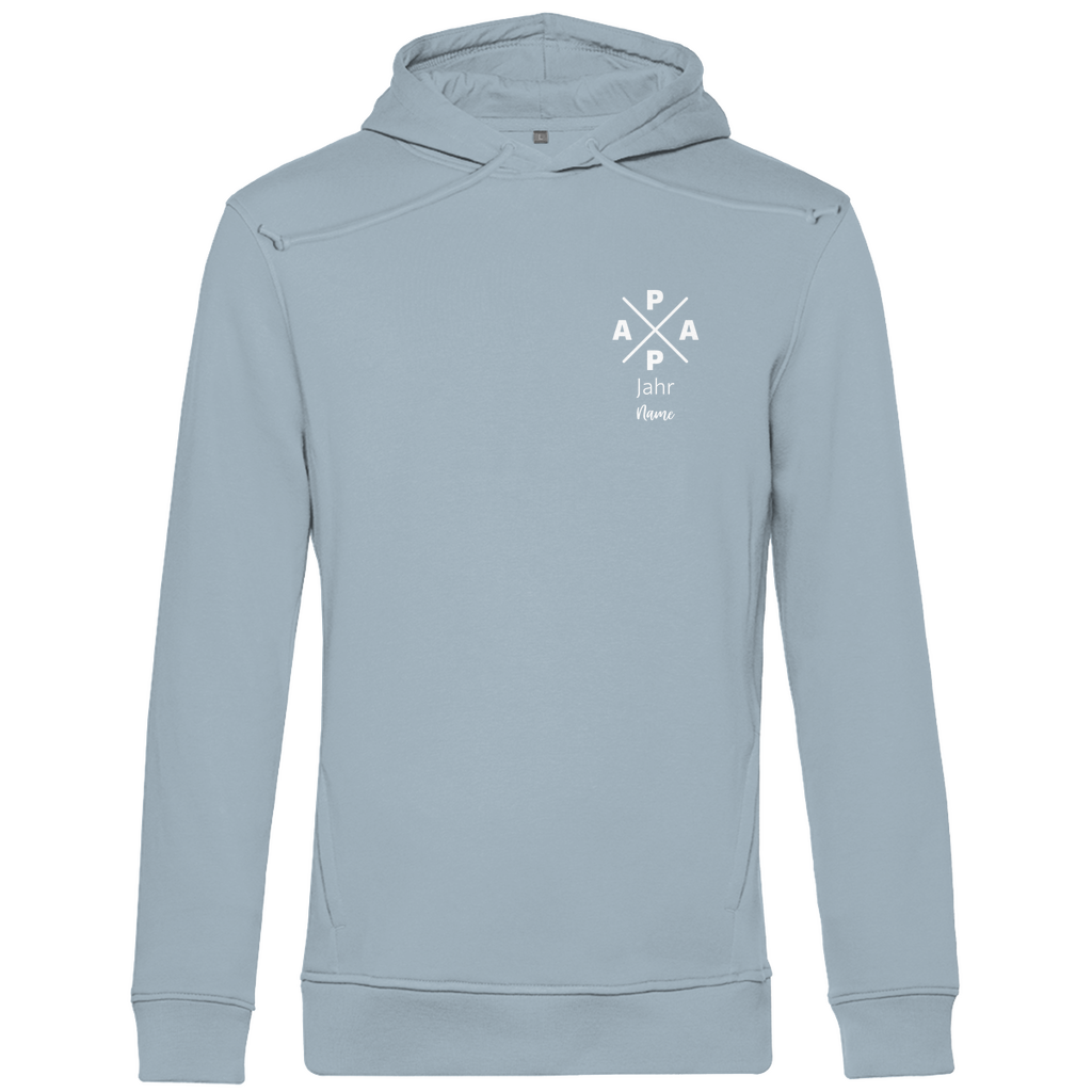 Hoodie Herren "PAPA X Mini" personalisierbar aus Bio-Baumwolle in Hellblau – minimalistisches Design für Väter, mit Namen und Geburtsjahr veredelbar.