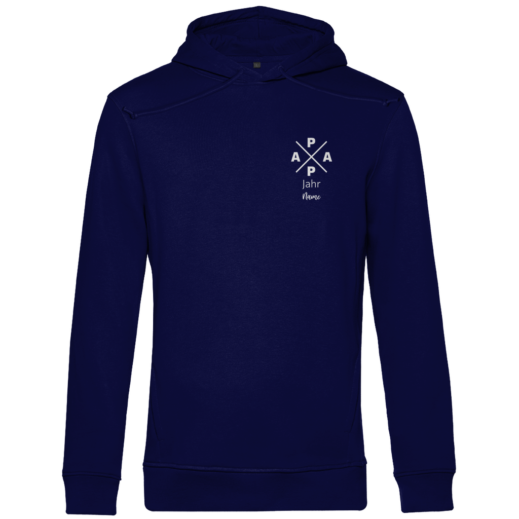 Hoodie Herren "PAPA X Mini" personalisierbar aus Bio-Baumwolle in Navy Blau – minimalistisches Design für Väter, mit Namen und Geburtsjahr veredelbar.