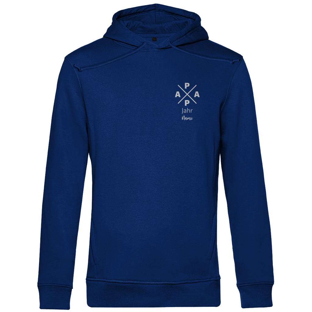 Hoodie Herren "PAPA X Mini" personalisierbar aus Bio-Baumwolle in Royal Blau – minimalistisches Design für Väter, mit Namen und Geburtsjahr veredelbar.