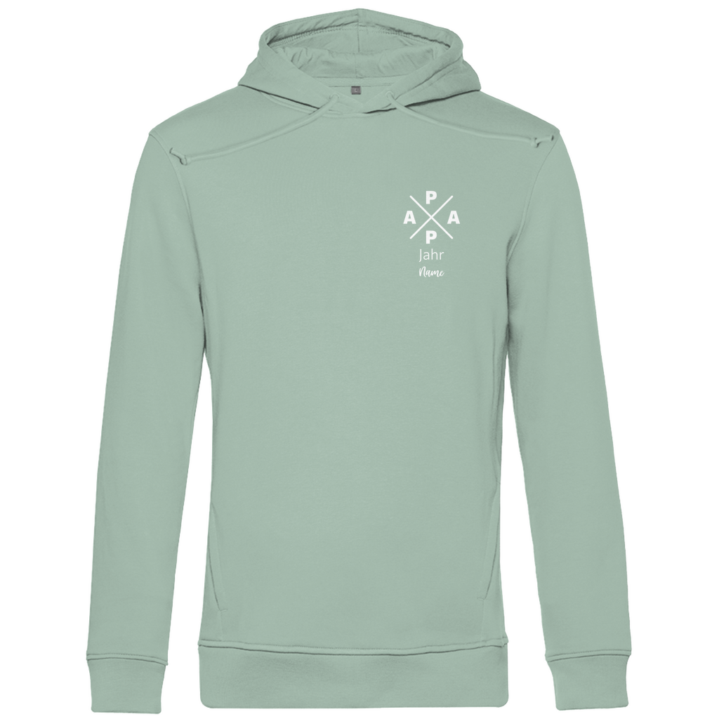 Hoodie Herren "PAPA X Mini" personalisierbar aus Bio-Baumwolle in Sage – minimalistisches Design für Väter, mit Namen und Geburtsjahr veredelbar.