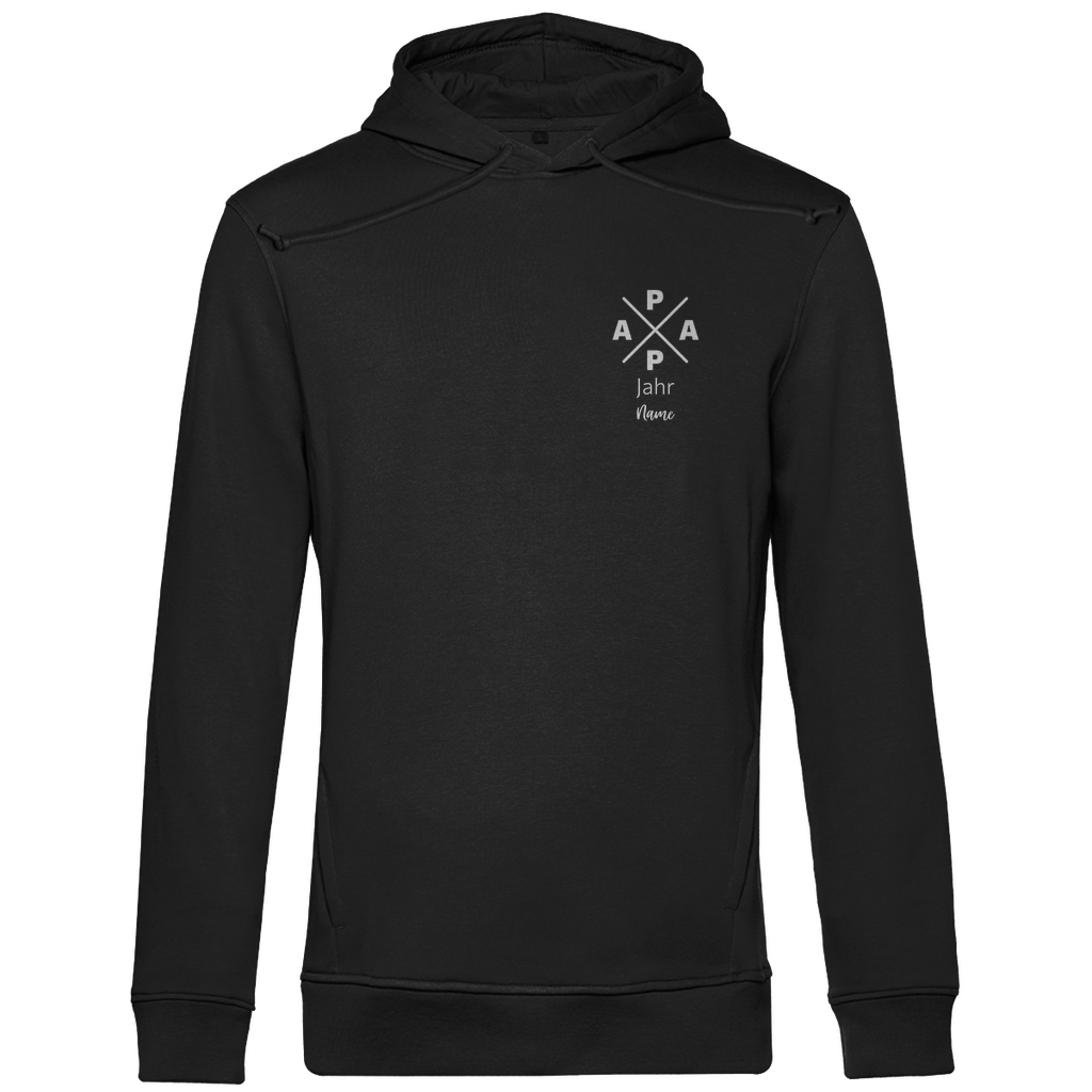 Hoodie Herren "PAPA X Mini" personalisierbar aus Bio-Baumwolle in Schwarz – minimalistisches Design für Väter, mit Namen und Geburtsjahr veredelbar.