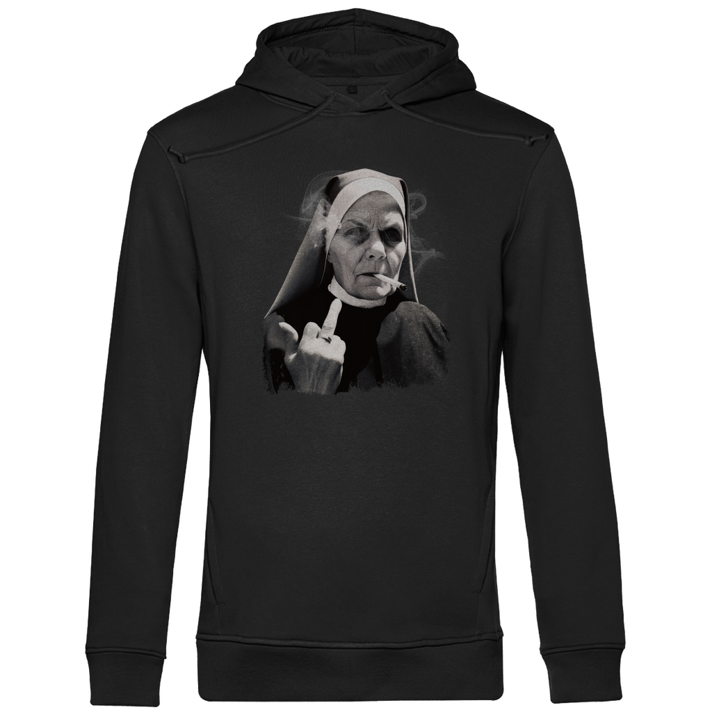 Hoodie Herren „Rebellische Nonne“ aus Bio-Baumwolle in Schwarz – Kapuzenpullover mit gezeichneter Nonne und provokantem Stilmotiv für Männer mit Haltung