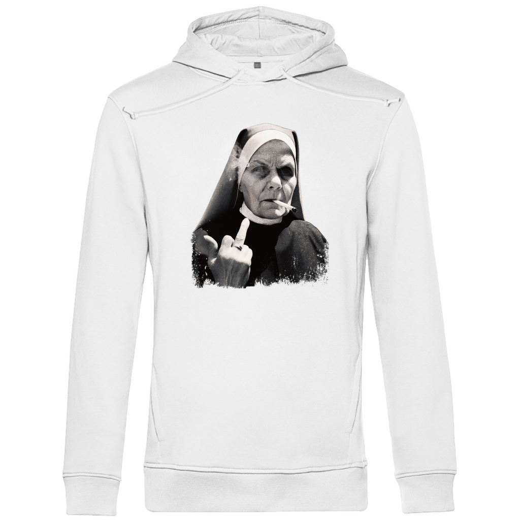 Hoodie Herren „Rebellische Nonne“ aus Bio-Baumwolle in Weiß – Kapuzenpullover mit gezeichneter Nonne und provokantem Stilmotiv für Männer mit Haltung