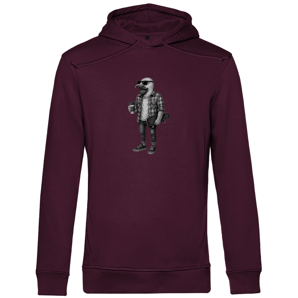 Herren Hoodie "Seaside Dude" aus Bio-Baumwolle in Burgundy Weinrot mit gezeichneter Möwe im urbanen Stil – stilvoller Look mit Humor