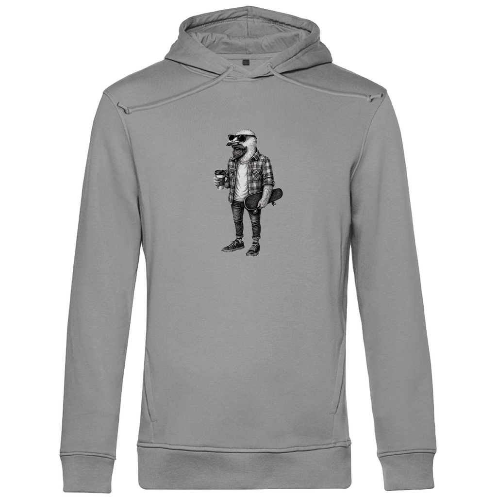 Herren Hoodie "Seaside Dude" aus Bio-Baumwolle in Grau mit gezeichneter Möwe im urbanen Stil – stilvoller Look mit Humor