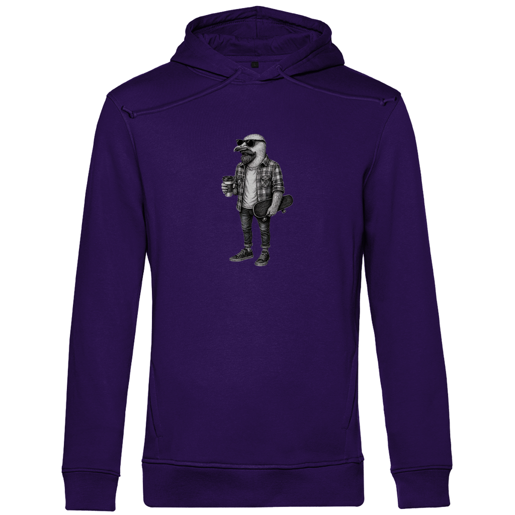 Herren Hoodie "Seaside Dude" aus Bio-Baumwolle in Lila mit gezeichneter Möwe im urbanen Stil – stilvoller Look mit Humor