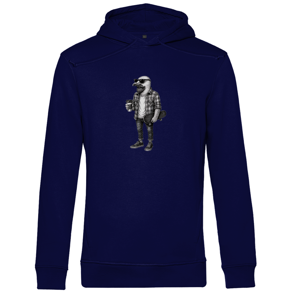 Herren Hoodie "Seaside Dude" aus Bio-Baumwolle in Navy Blau mit gezeichneter Möwe im urbanen Stil – stilvoller Look mit Humor
