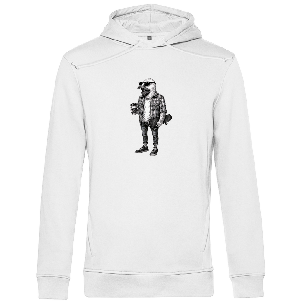 Herren Hoodie "Seaside Dude" aus Bio-Baumwolle in Weiß mit gezeichneter Möwe im urbanen Stil – stilvoller Look mit Humor