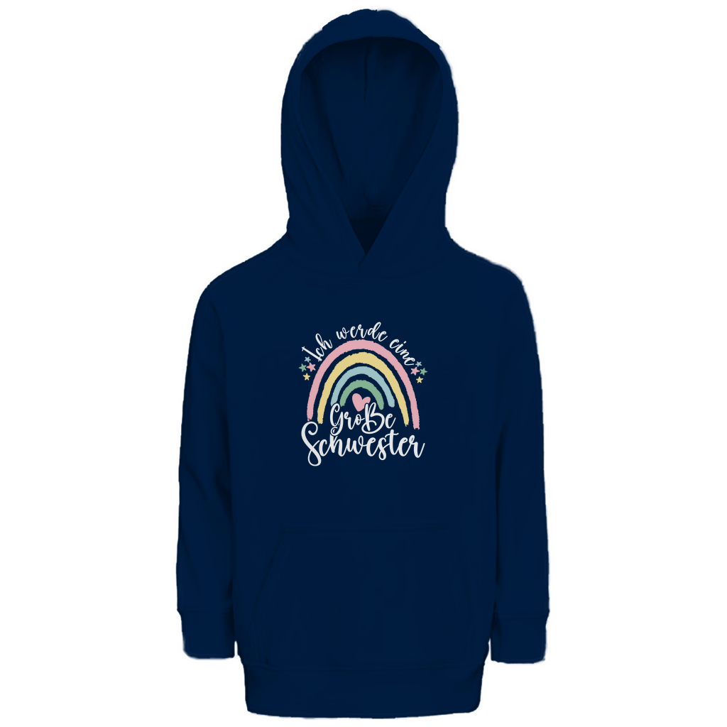 Kinder Hoodie 'Ich bin eine große Schwester' aus Bio-Baumwolle in Navy Blau mit pastellfarbenem Regenbogen-Design