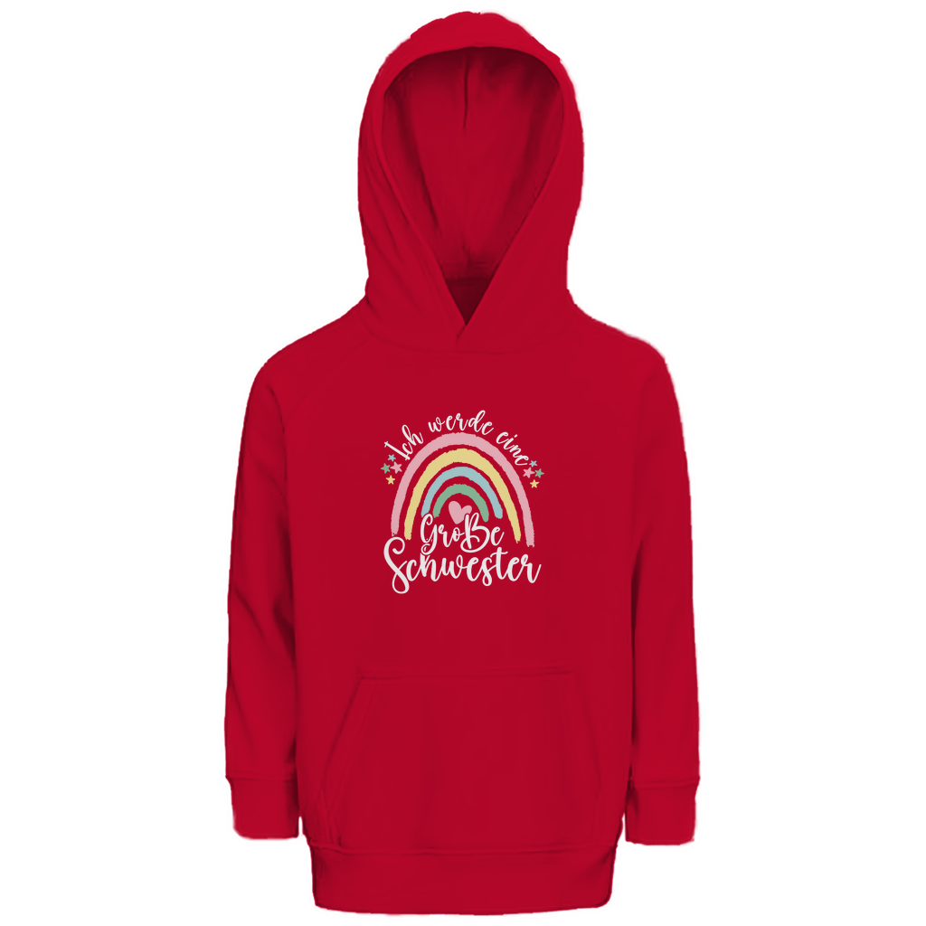 Kinder Hoodie 'Ich bin eine große Schwester' aus Bio-Baumwolle in Rot mit pastellfarbenem Regenbogen-Design