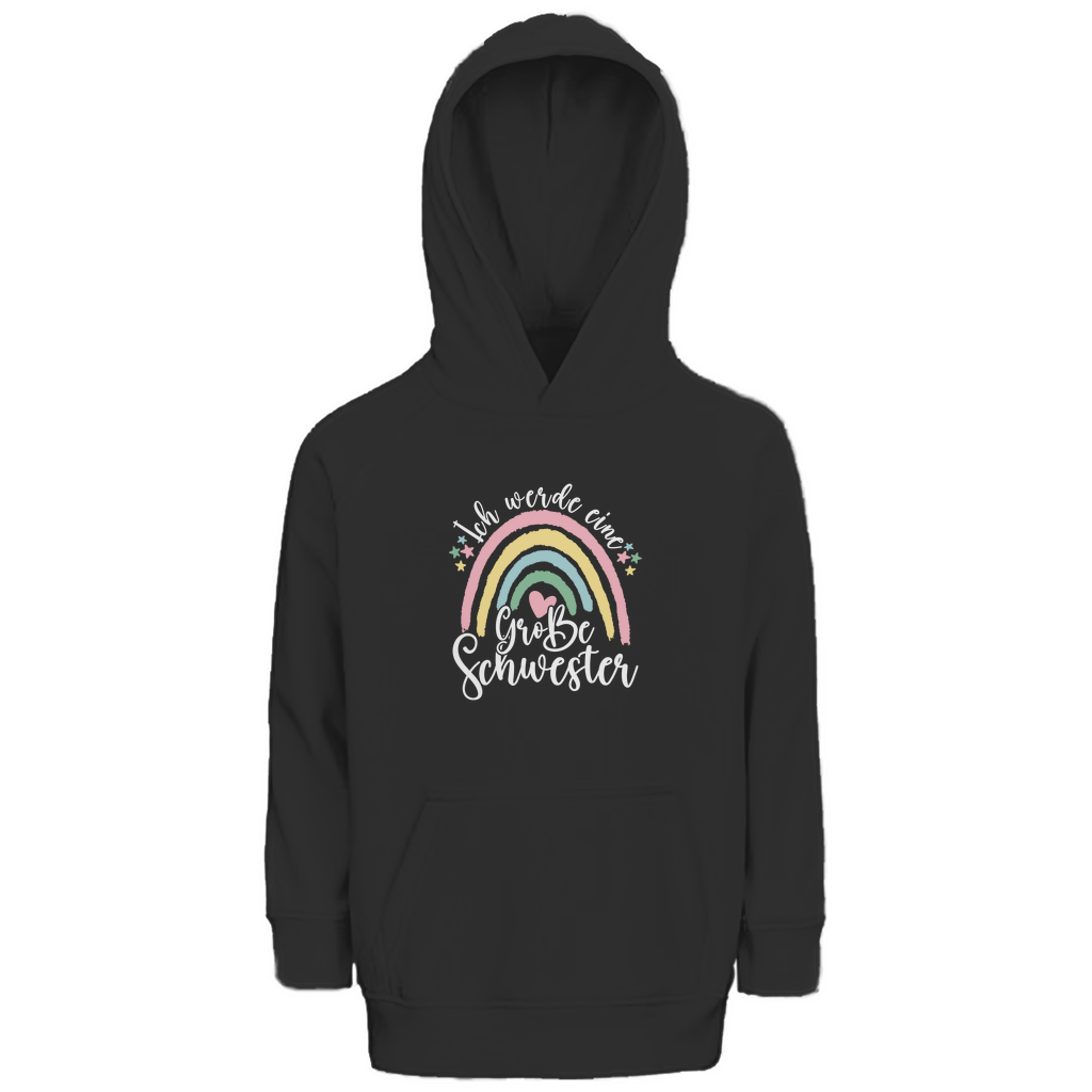 Kinder Hoodie 'Ich bin eine große Schwester' aus Bio-Baumwolle in Schwarz mit pastellfarbenem Regenbogen-Design