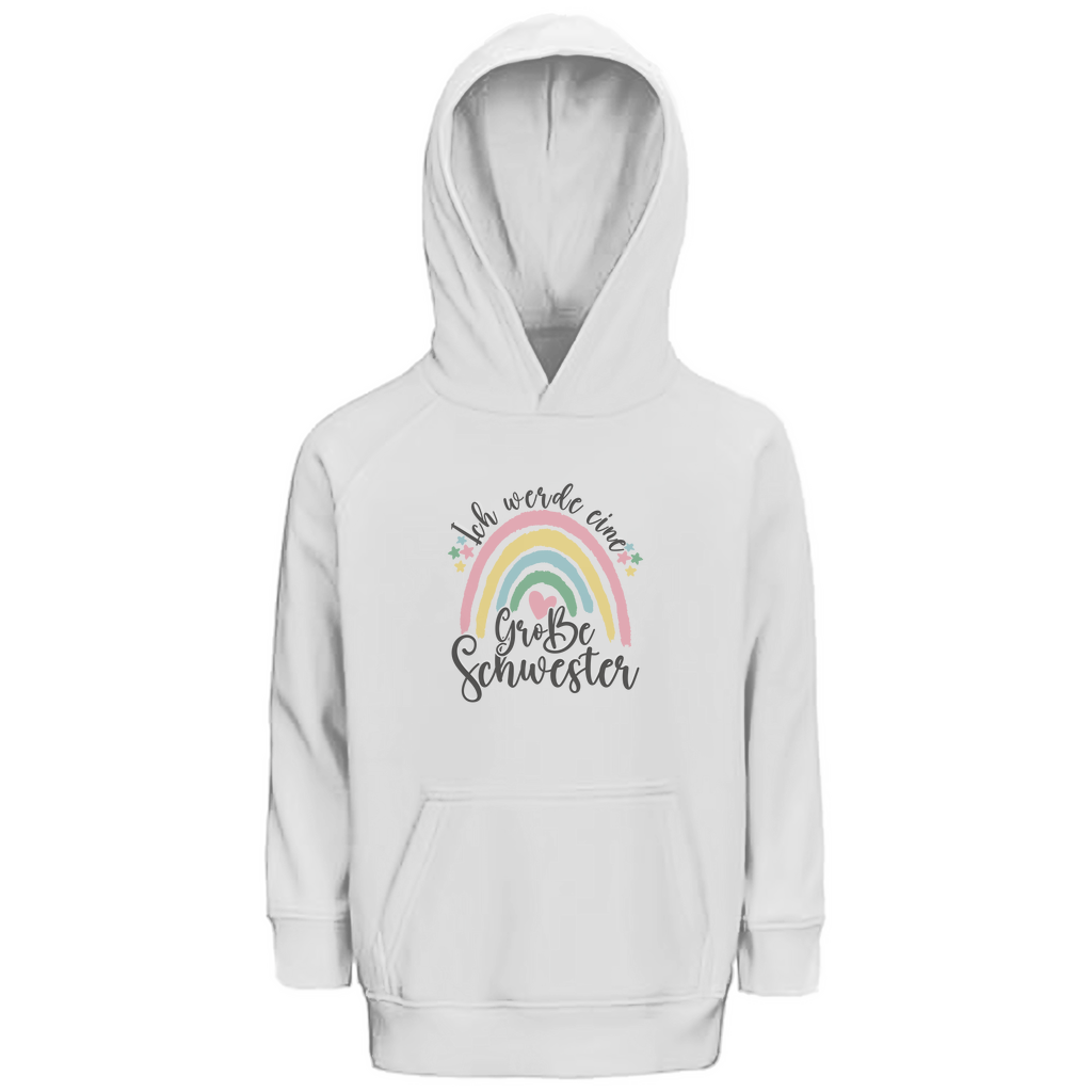 Kinder Hoodie 'Ich bin eine große Schwester' aus Bio-Baumwolle in Weiß mit pastellfarbenem Regenbogen-Design