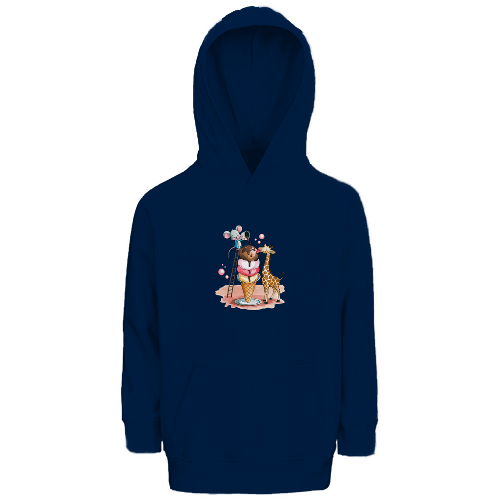 Kinder Hoodie mit Ice Cream Friends Motiv in Navy Blau: Maus auf Leiter und Giraffe an Eiswaffel aus Bio-Baumwolle