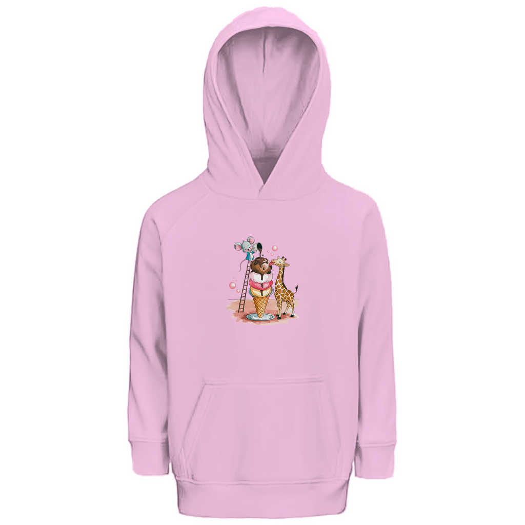 Kinder Hoodie mit Ice Cream Friends Motiv in Rosa: Maus auf Leiter und Giraffe an Eiswaffel aus Bio-Baumwolle