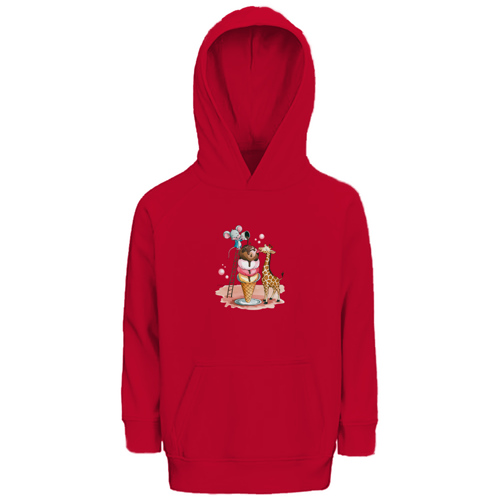 Kinder Hoodie mit Ice Cream Friends Motiv in Rot: Maus auf Leiter und Giraffe an Eiswaffel aus Bio-Baumwolle